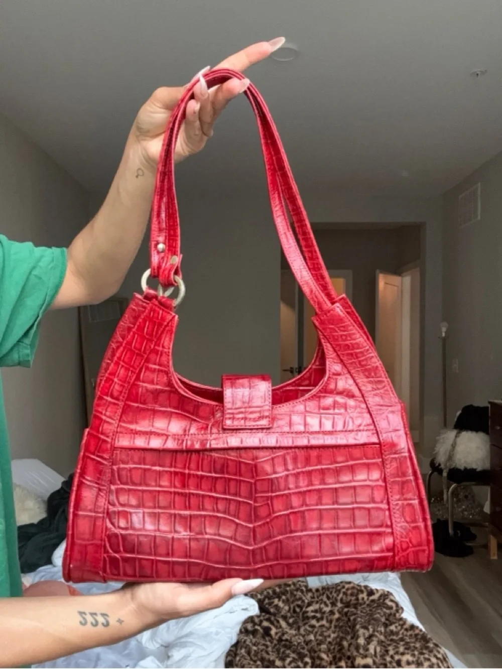Red Croc-Embossed Shoulder Bag